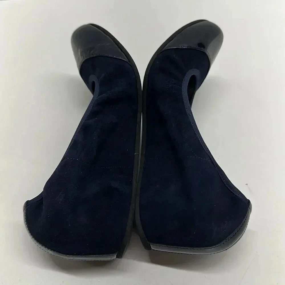 Aquatalia by Marvin V Sacchetto Stretch Wedge Heels Black Cap Toe Blue Suede 6